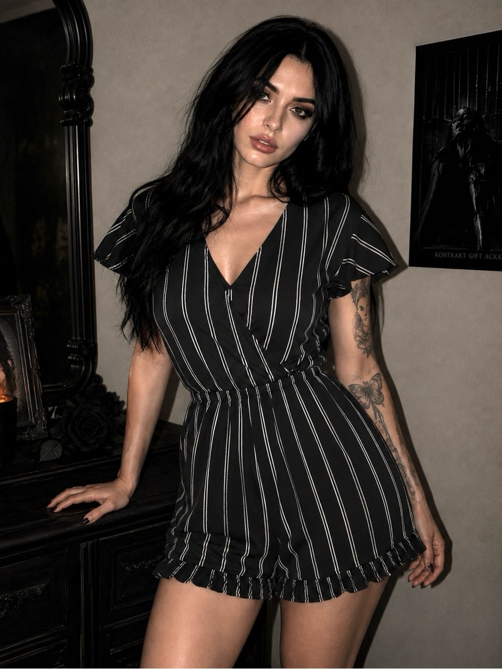 Dolls Striped Essential V-Neck Stylish Everyday Formal Romper- Women’s